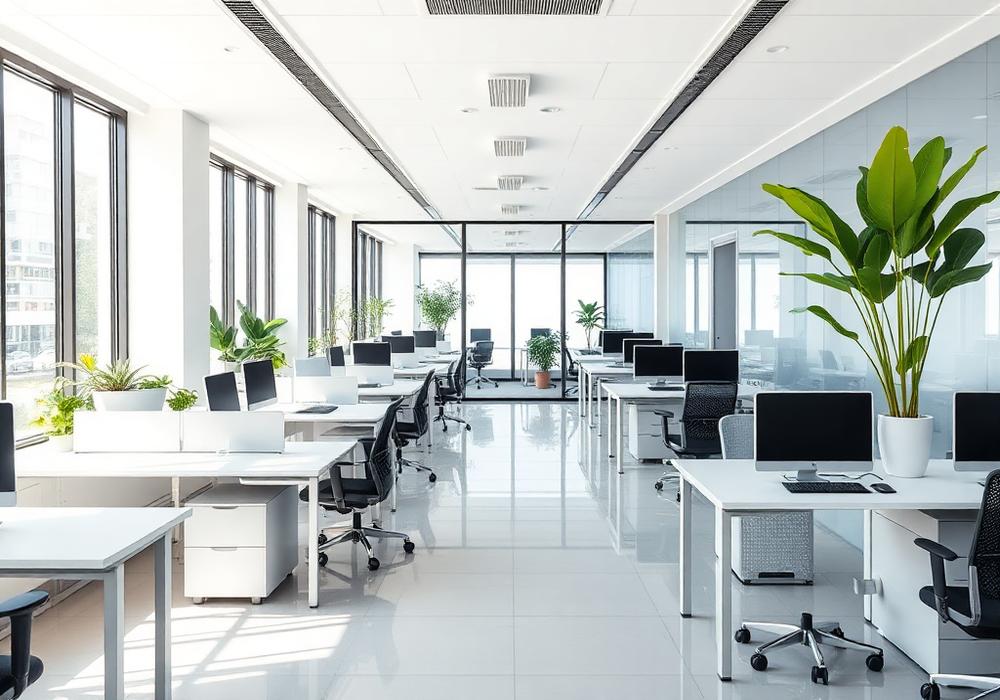A clean, professional modern office space with plants