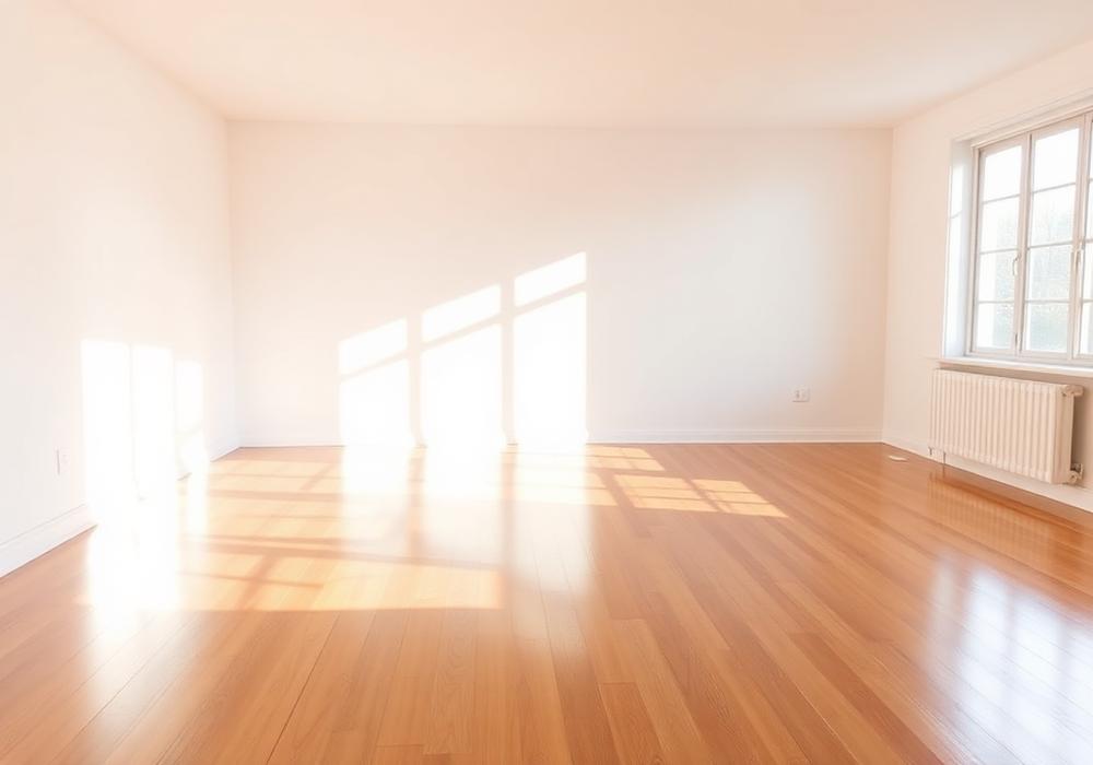 An empty apartment with polished floors and sunlight